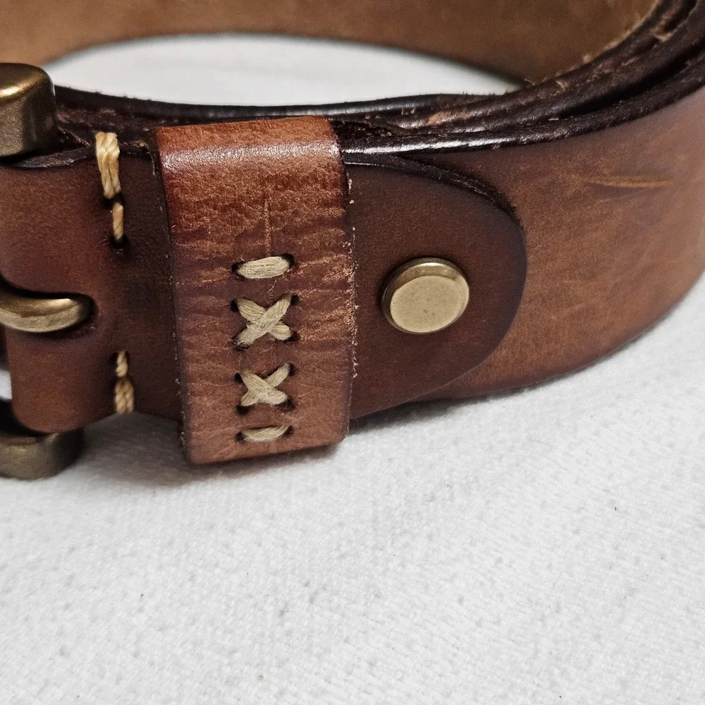 Handmade Brown Italian Leather Belt XL Antique Brass Roller Buckle Cross Stitch